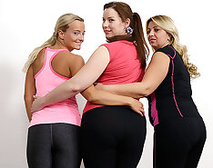 Three bisexual housewives sharing one hard cock at gymclass